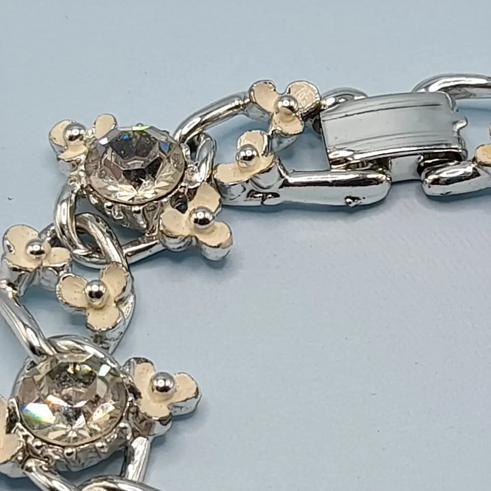 Vintage Creamy White Flower Bracelet, Clear Rhinestones, Mid-Century